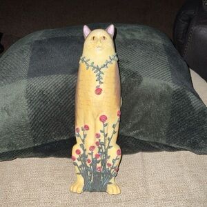 Vintage Resin Skinny Tall Cat Figurine Yellow and Brown with Red Flowers 9”